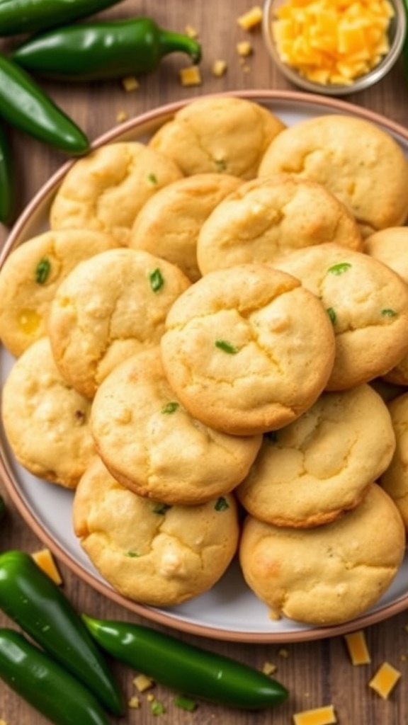 Savory jalapeño cheese shortbread cookies on a plate, garnished with fresh jalapeños.